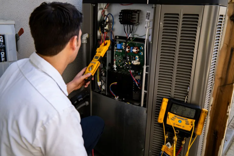 Cypress Heating technician working on inside Furnace unit